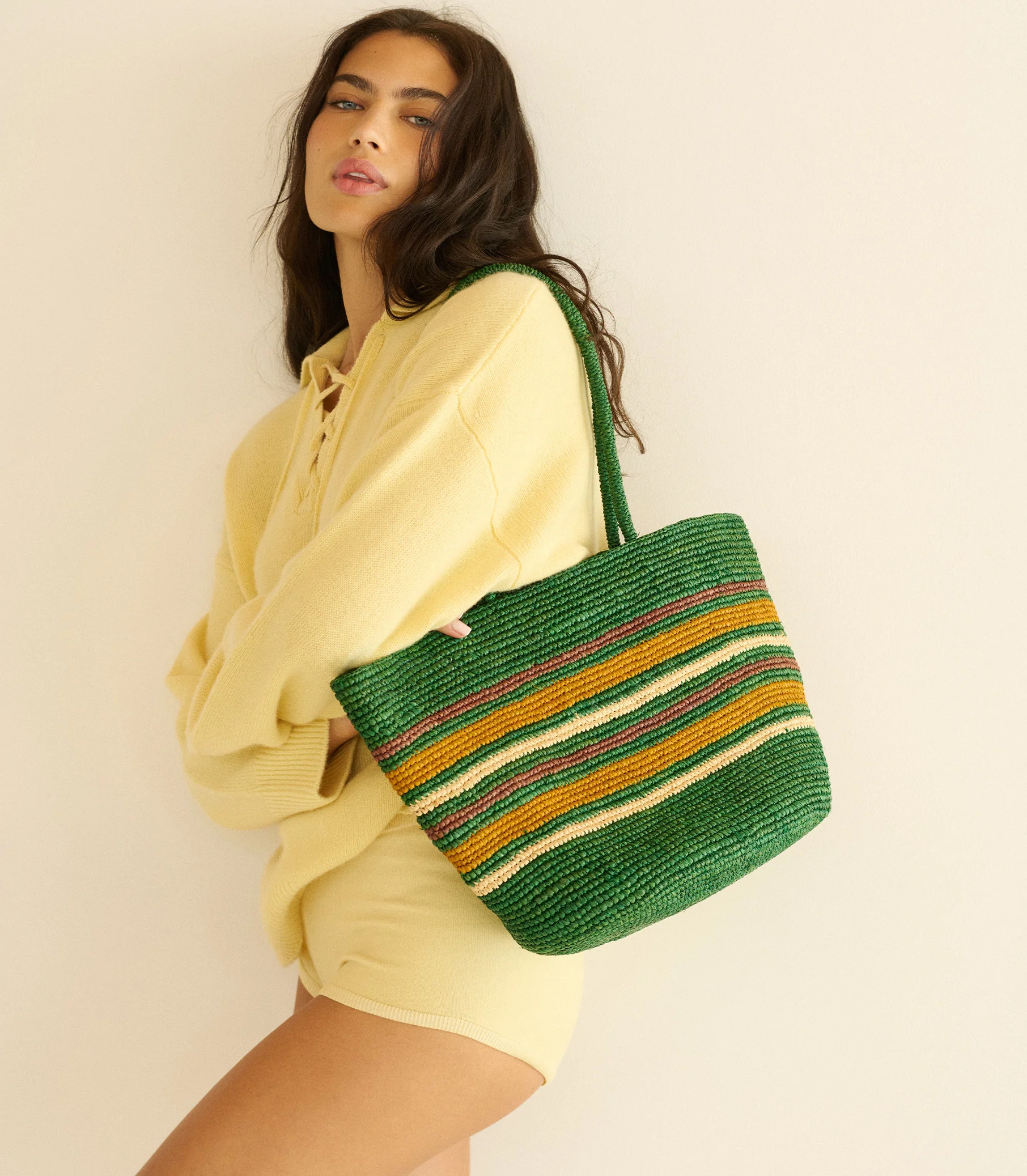 HARBOUR TOTE -- GREEN STRIPED RAFFIA - Image 2